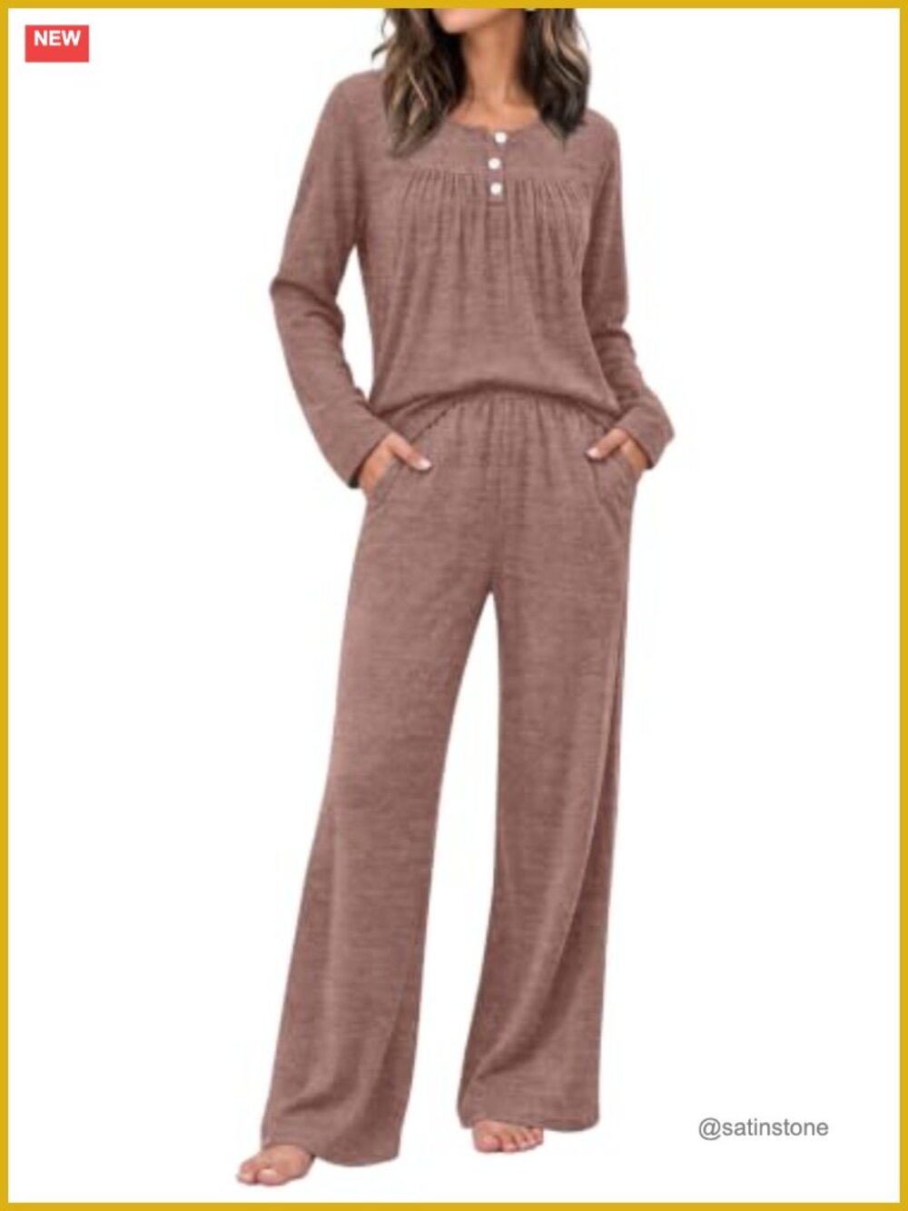 Womens 2 Piece Lounge Set Long Sleeve Henley Wide Leg Pajama Set